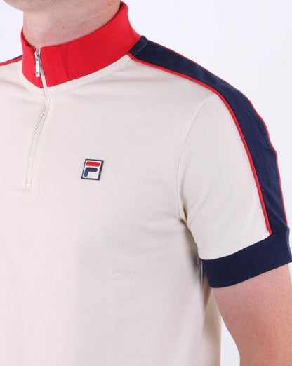Fila Vintage Poloshirt mit halbem Reißverschluss, Off-White/Marineblau/Rot