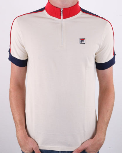 Fila Vintage Poloshirt mit halbem Reißverschluss, Off-White/Marineblau/Rot