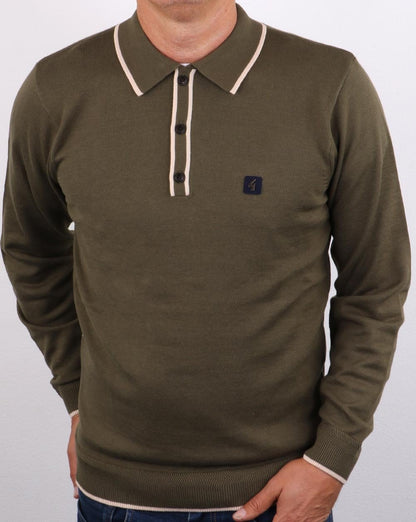Gabicci Vintage Linekar Langarm-Polo Oliv