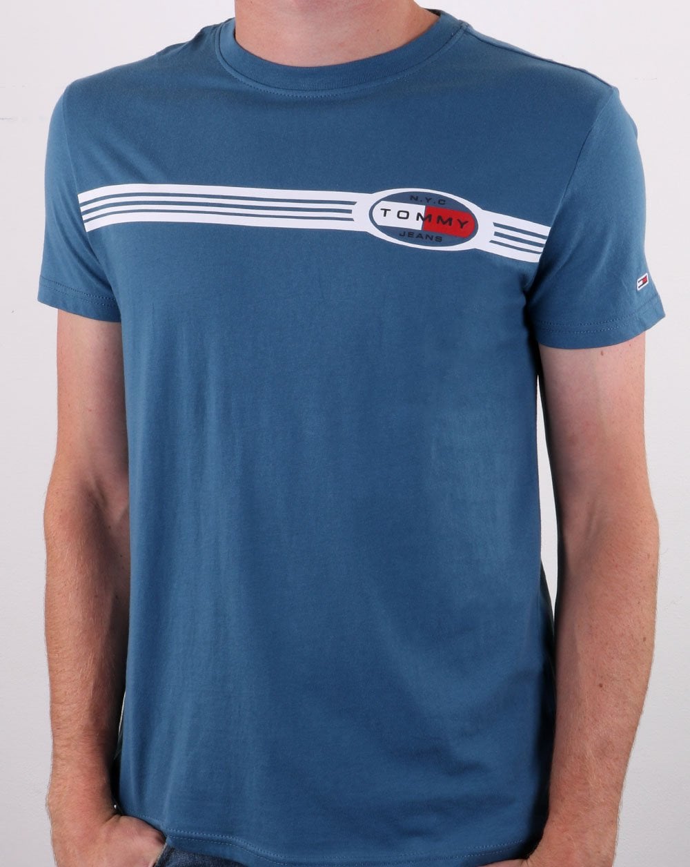 Tommy Jeans – T-Shirt mit Linien-Logo, Blau