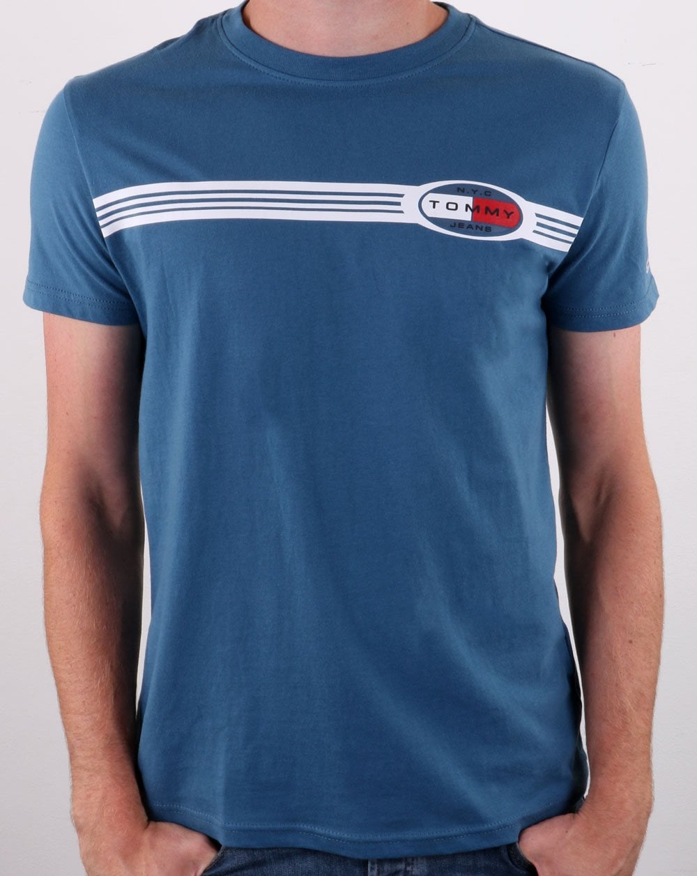 Tommy Jeans – T-Shirt mit Linien-Logo, Blau