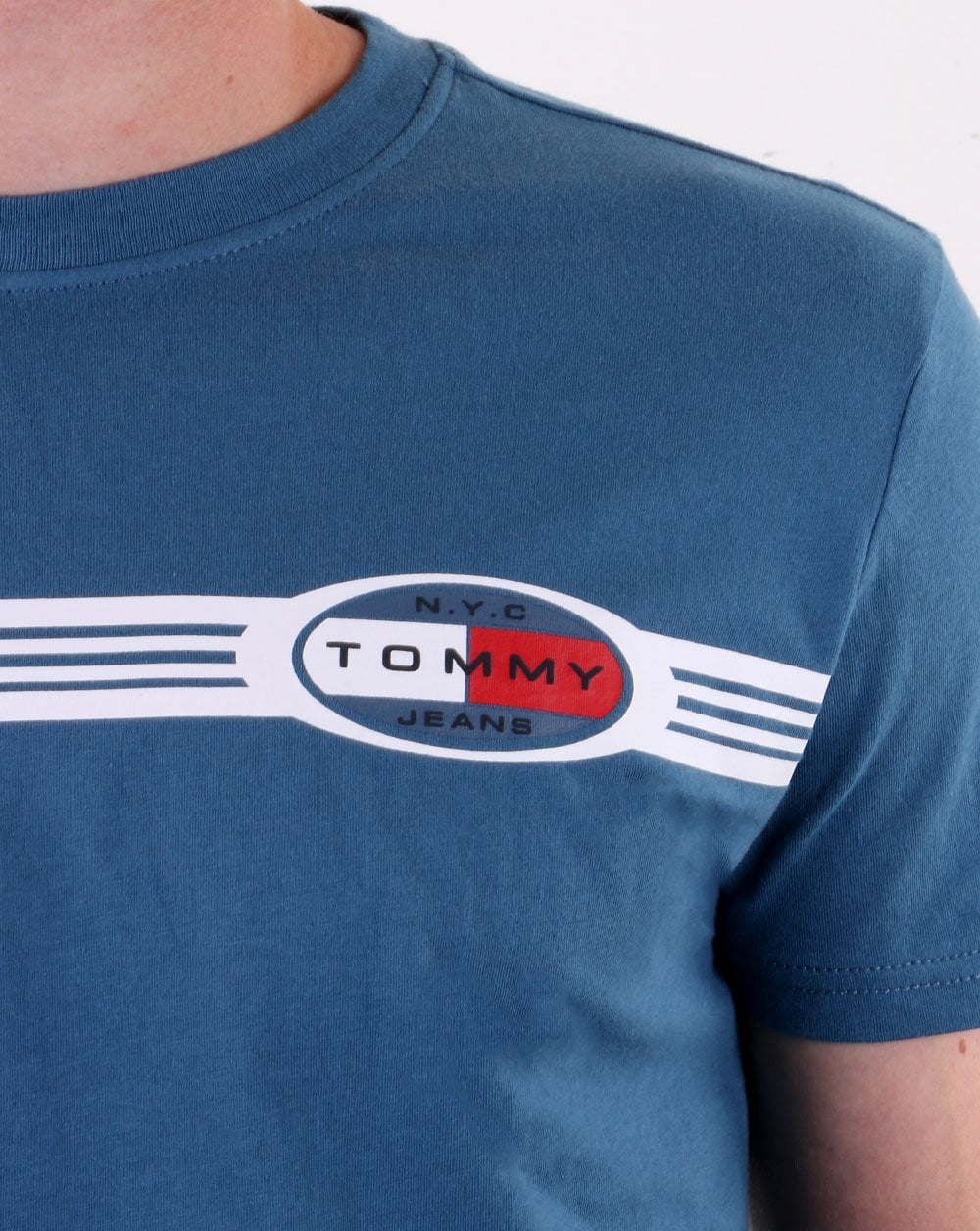 Tommy Jeans – T-Shirt mit Linien-Logo, Blau
