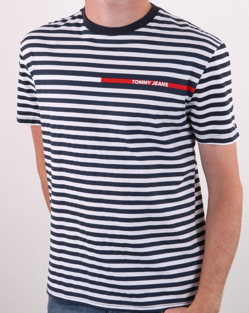 Tommy Jeans – Gestreiftes T-Shirt in Marineblau/Weiß