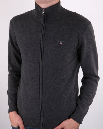 Gant Superfine Lammwolle Reißverschluss Strickjacke Dunkelgrau