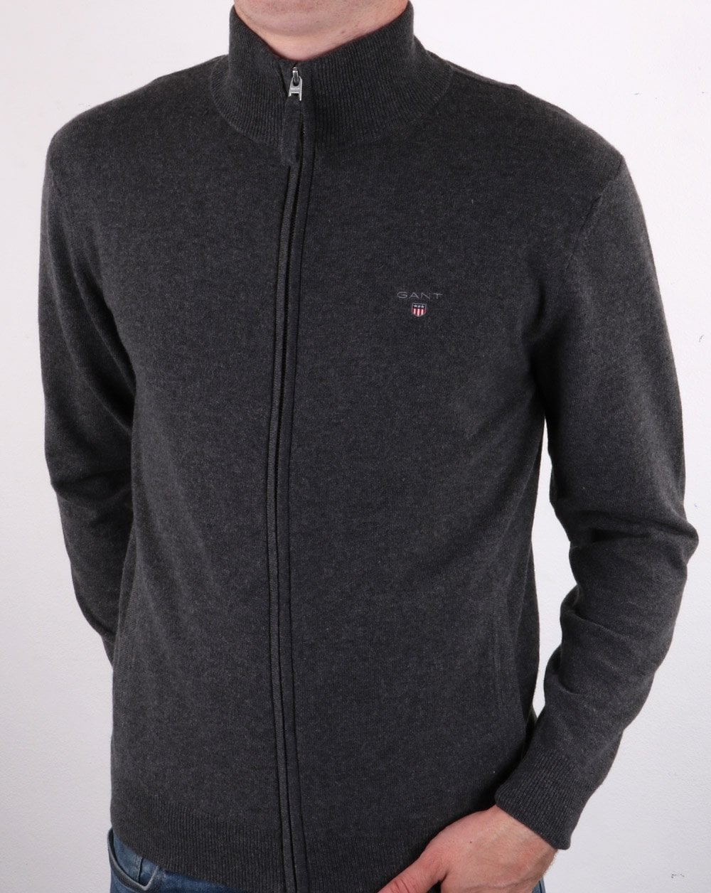 Gant Superfine Lammwolle Reißverschluss Strickjacke Dunkelgrau