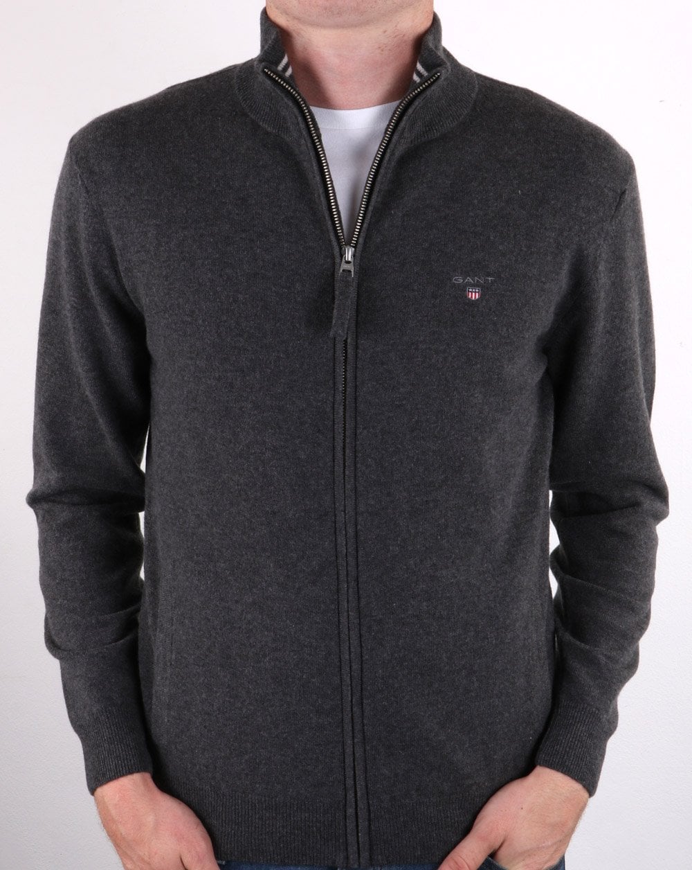 Gant Superfine Lammwolle Reißverschluss Strickjacke Dunkelgrau