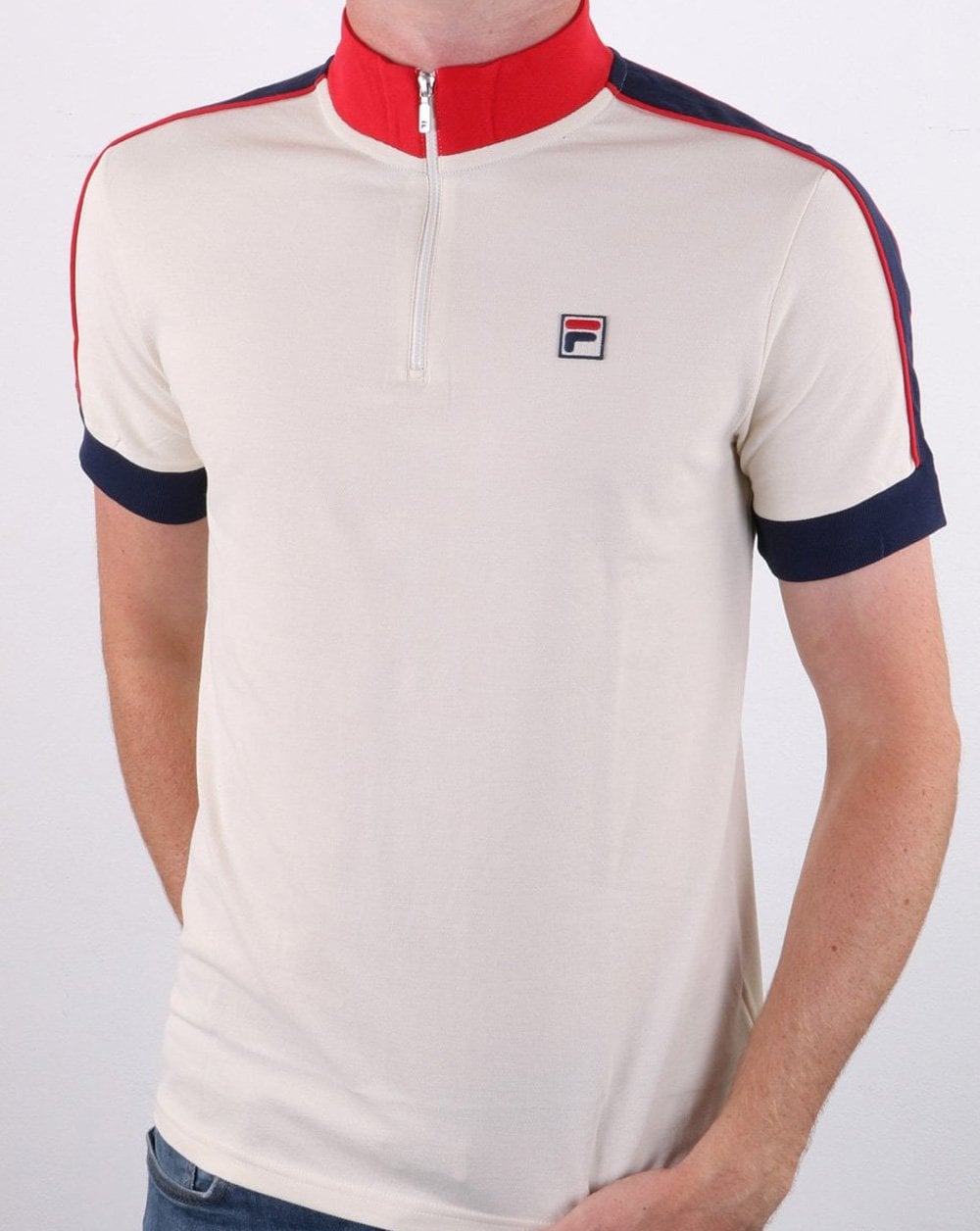 Fila Vintage half Zip Polo Shirt off White/Navy/Red