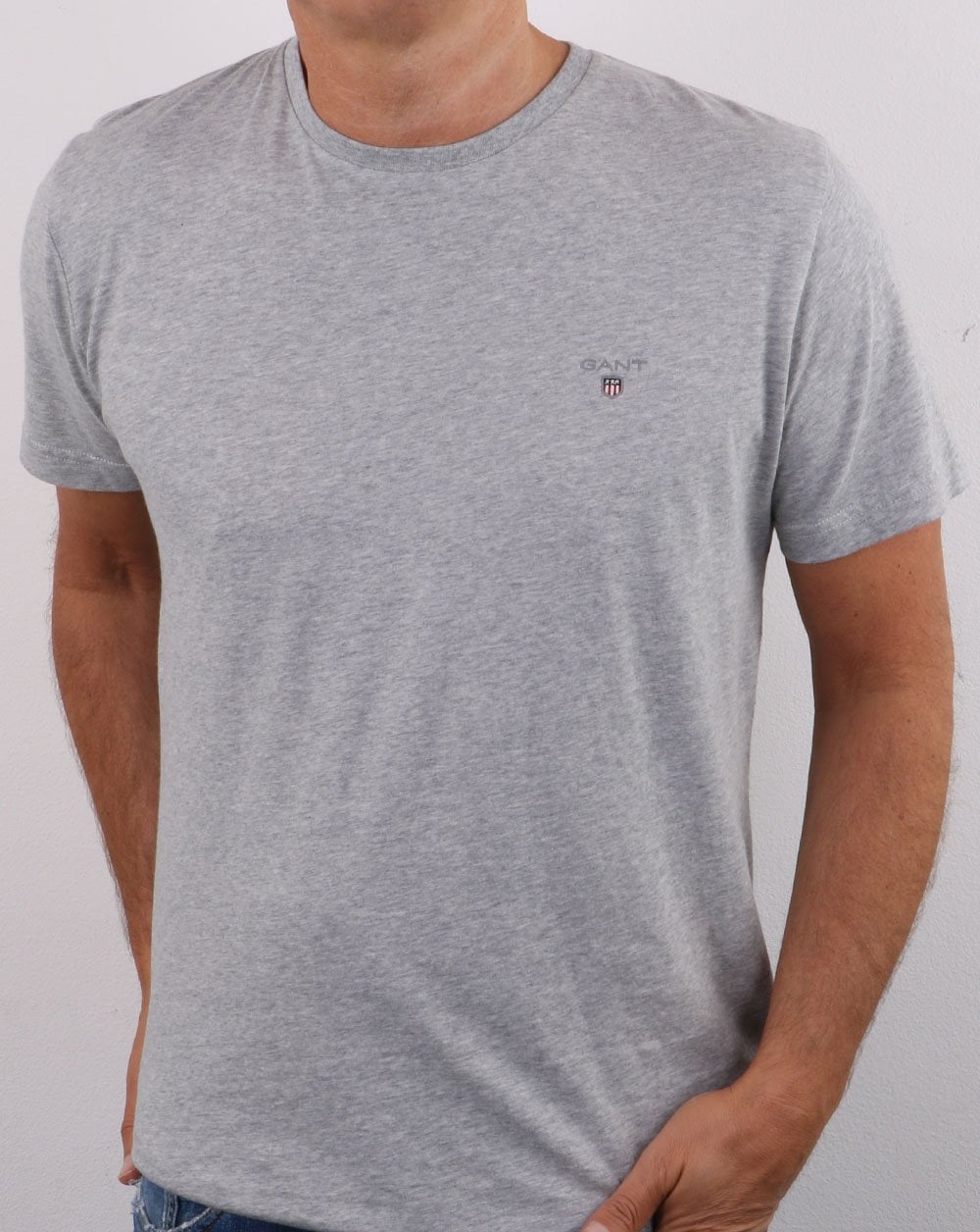 Gant Solides T-Shirt mit Rundhalsausschnitt, Hellgraumeliert