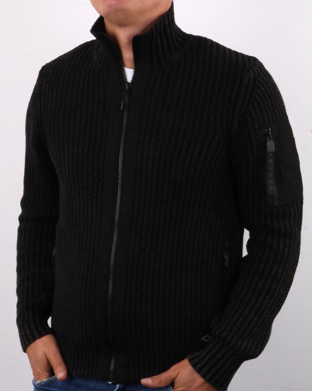 Replay – Strickjacke mit Reißverschluss in Dunkelmarineblau