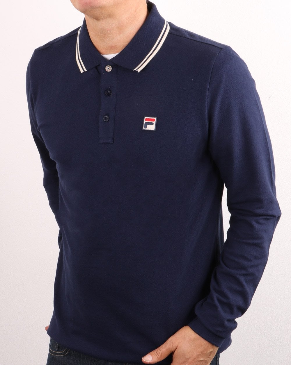 Fila Vintage Tipped Langarm-Poloshirt Marineblau/Weiß