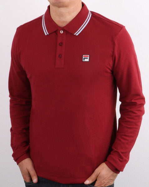 Fila Vintage Tipped Long Sleeve Polo Shirt Claret/Blue