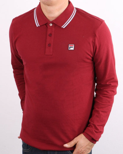 Fila Vintage Tipped Langarm-Poloshirt Weinrot/Blau