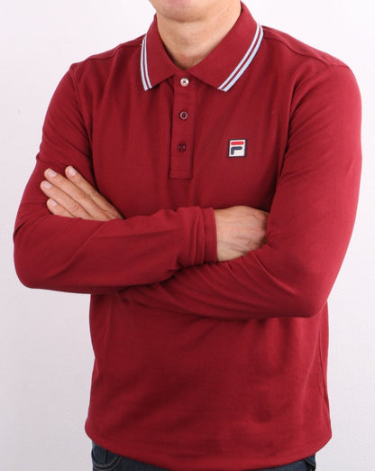 Fila Vintage Tipped Langarm-Poloshirt Weinrot/Blau