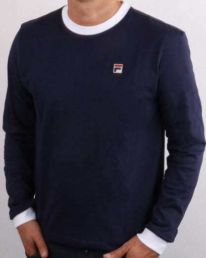 Fila Vintage – Langarm-Ringer-T-Shirt in Marineblau