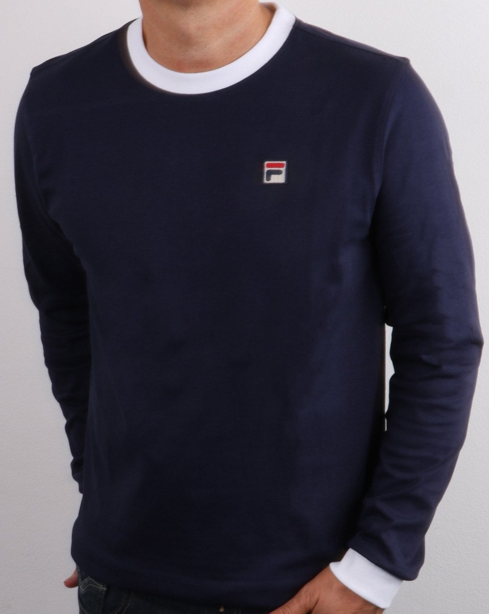 Fila Vintage – Langarm-Ringer-T-Shirt in Marineblau