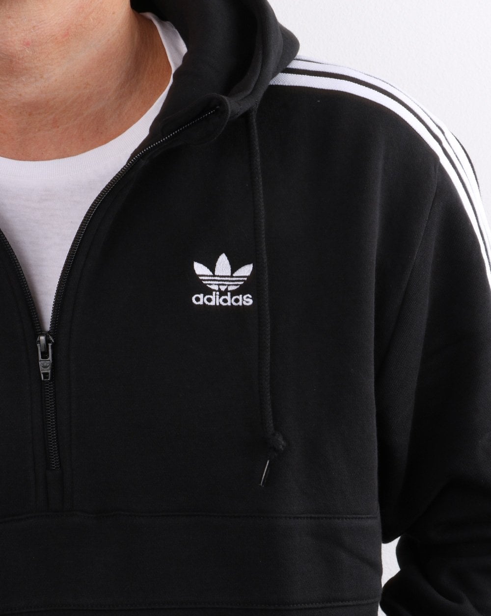 Adidas Originals – Kapuzenjacke mit 3 Streifen und halbem Reißverschluss in Schwarz