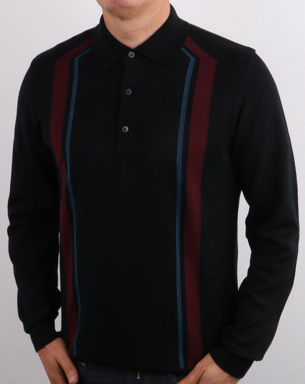 Ben Sherman – Langärmliges Poloshirt mit Mod-Streifen in Schwarz