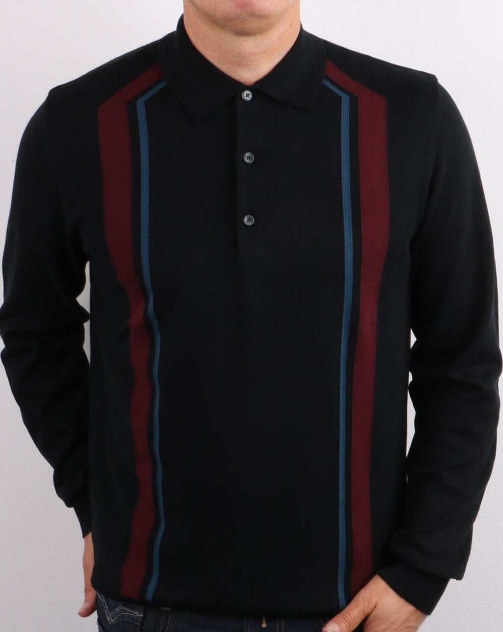 Ben Sherman – Langärmliges Poloshirt mit Mod-Streifen in Schwarz