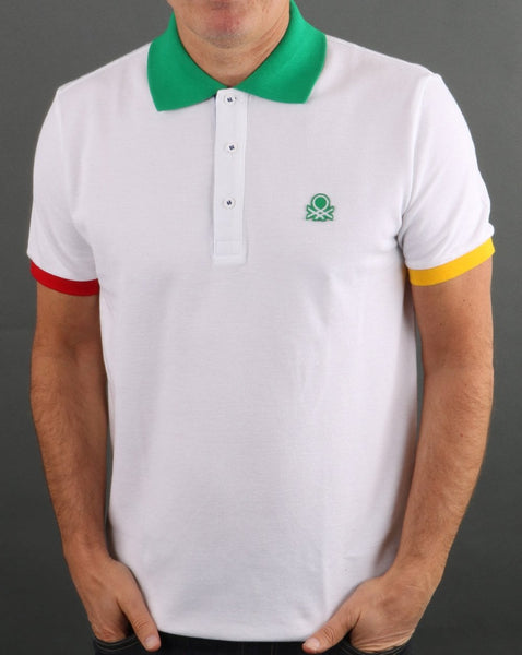 Benetton Iconic Multicolour Trim Polo Shirt White