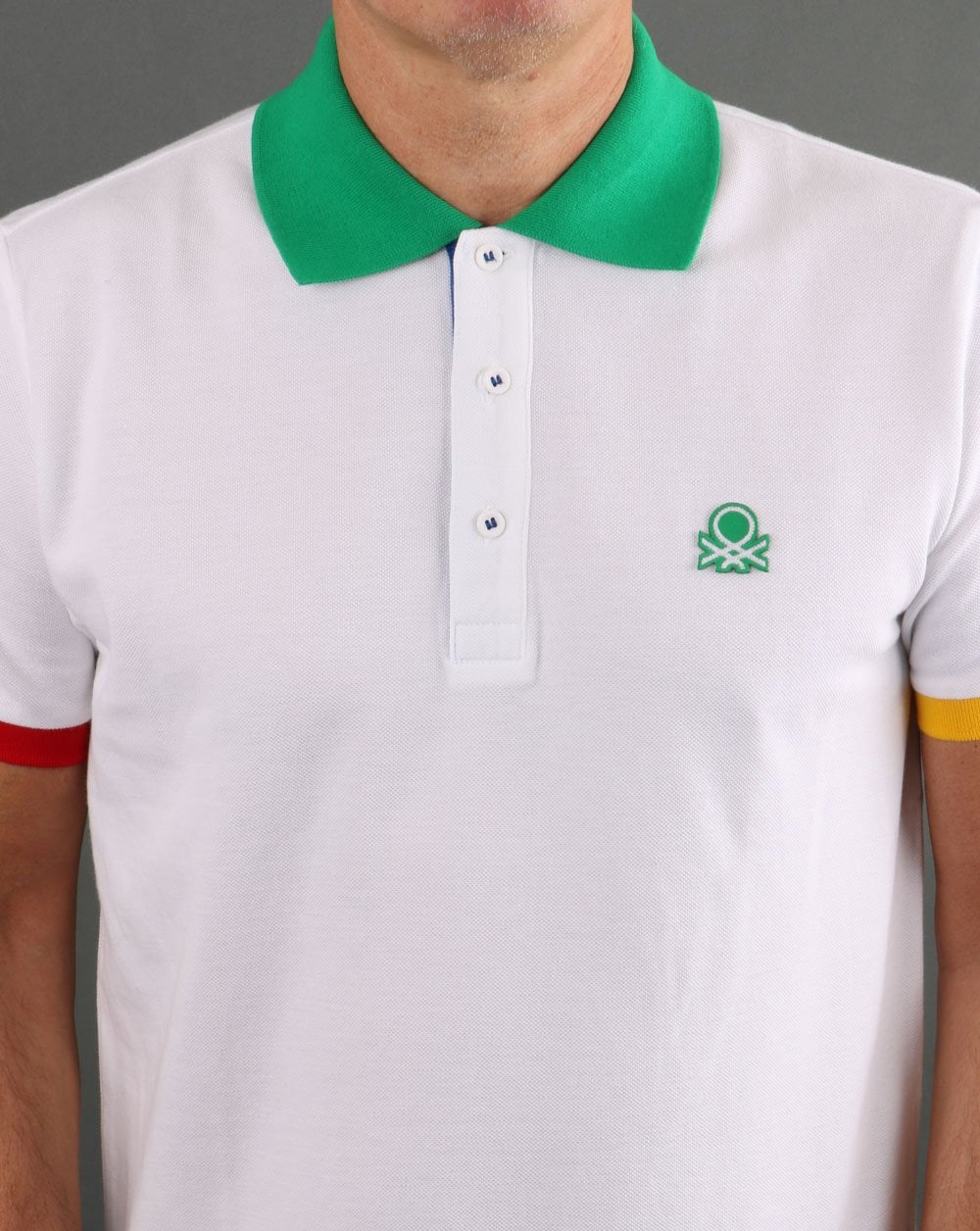 Benetton Iconic Poloshirt mit mehrfarbigem Besatz in Weiß