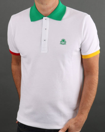 Benetton Iconic Poloshirt mit mehrfarbigem Besatz in Weiß