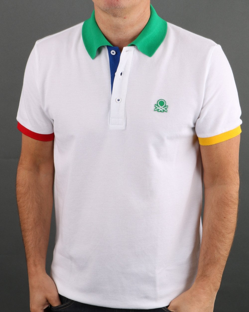 Benetton Iconic Poloshirt mit mehrfarbigem Besatz in Weiß