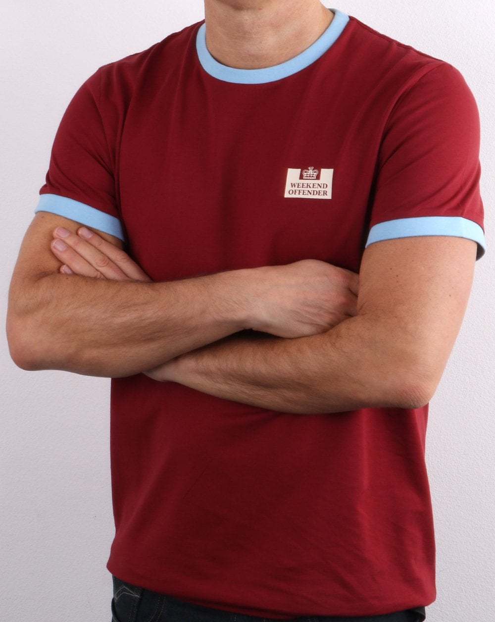 Weekend Offender Ringer Tee Claret/Sky Blue