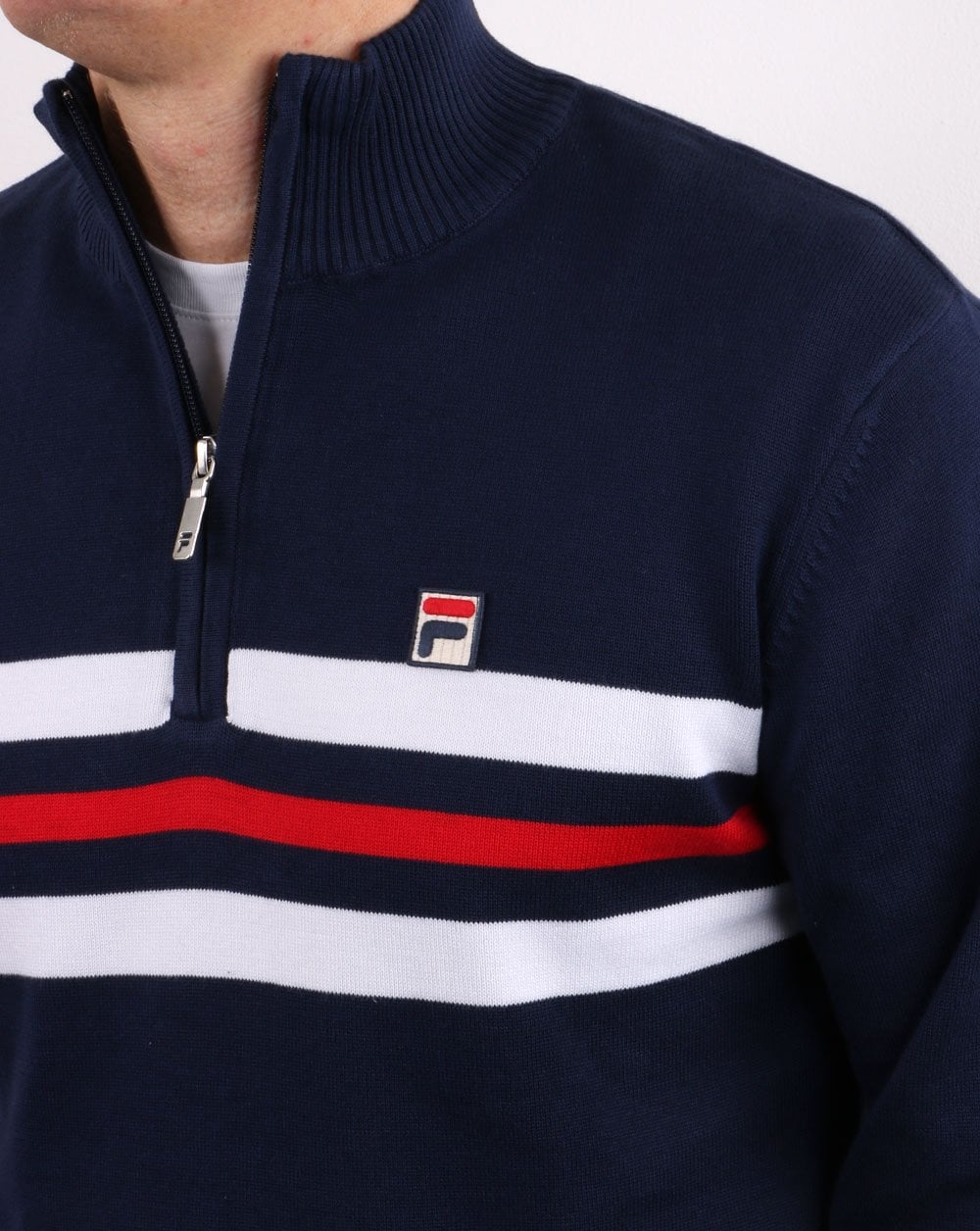 Fila Vintage – Strickpullover mit 1/4-Reißverschluss, Marineblau gestreift