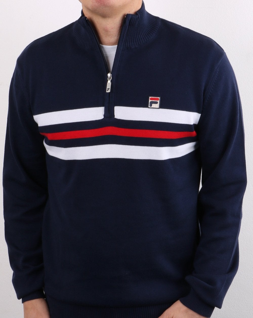 Fila Vintage – Strickpullover mit 1/4-Reißverschluss, Marineblau gestreift