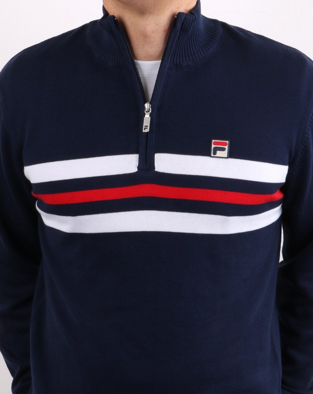 Fila Vintage – Strickpullover mit 1/4-Reißverschluss, Marineblau gestreift