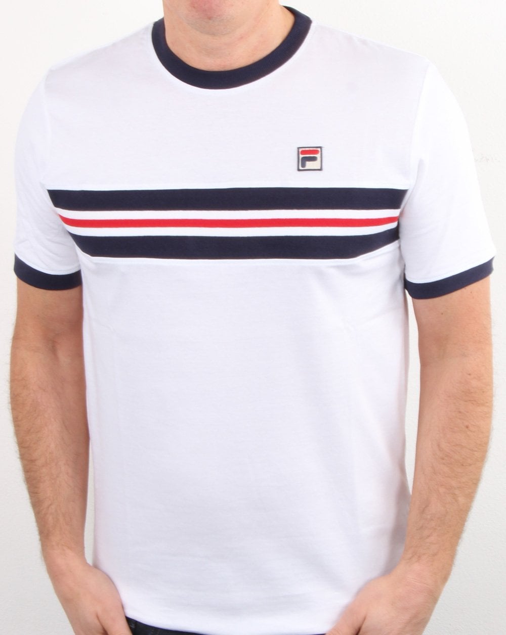 Fila – Vintage – Weißes T-Shirt mit Streifen auf der Brust