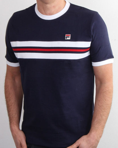 Fila – Vintage-T-Shirt mit Bruststreifen in Marineblau