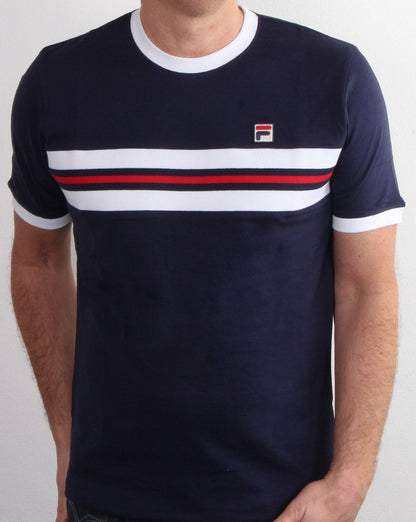 Fila – Vintage-T-Shirt mit Bruststreifen in Marineblau