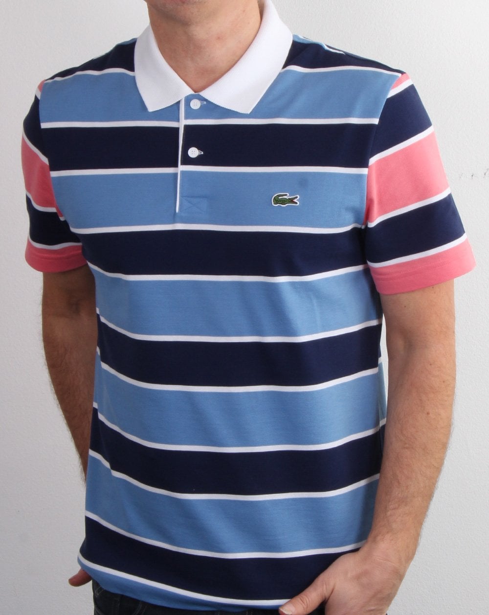 Lacoste Striped Polo Shirt Navy/Pink