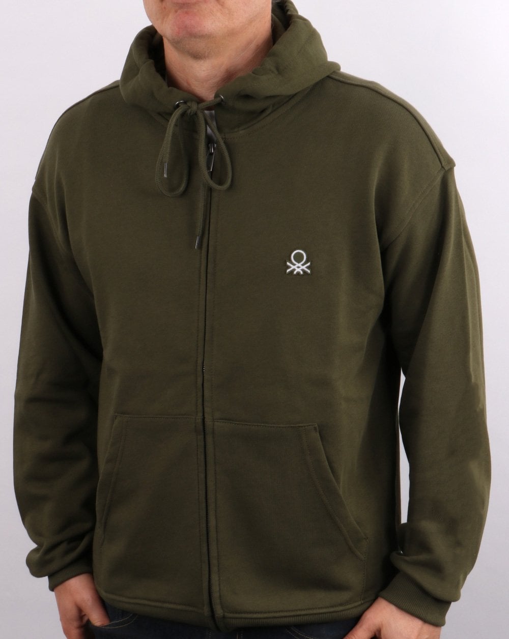 Benetton – Khakifarbener Hoodie mit durchgehendem Reißverschluss