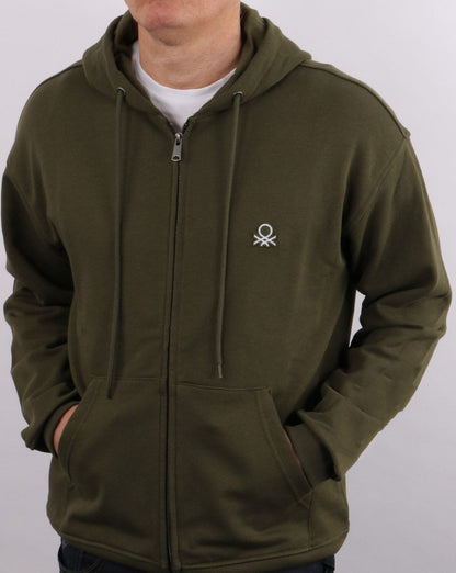 Benetton – Khakifarbener Hoodie mit durchgehendem Reißverschluss