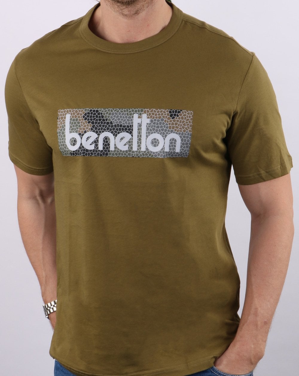 Benetton – Klassisches Logo-T-Shirt in Khaki