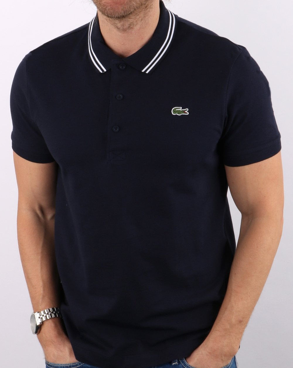 Lacoste Poloshirt mit Streifen Marineblau/Weiß