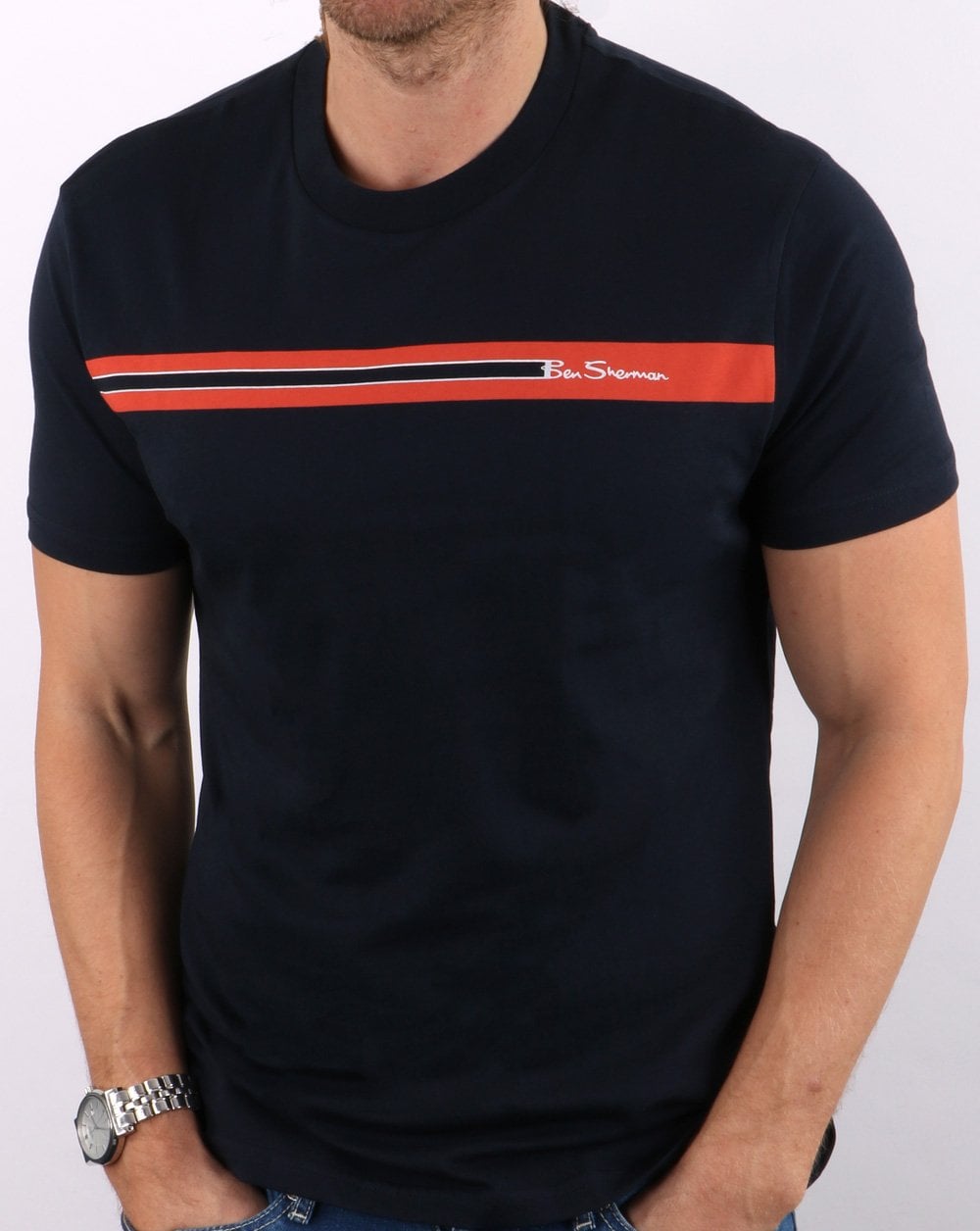 Ben Sherman – T-Shirt mit Streifen auf der Brust in Dunkelmarineblau