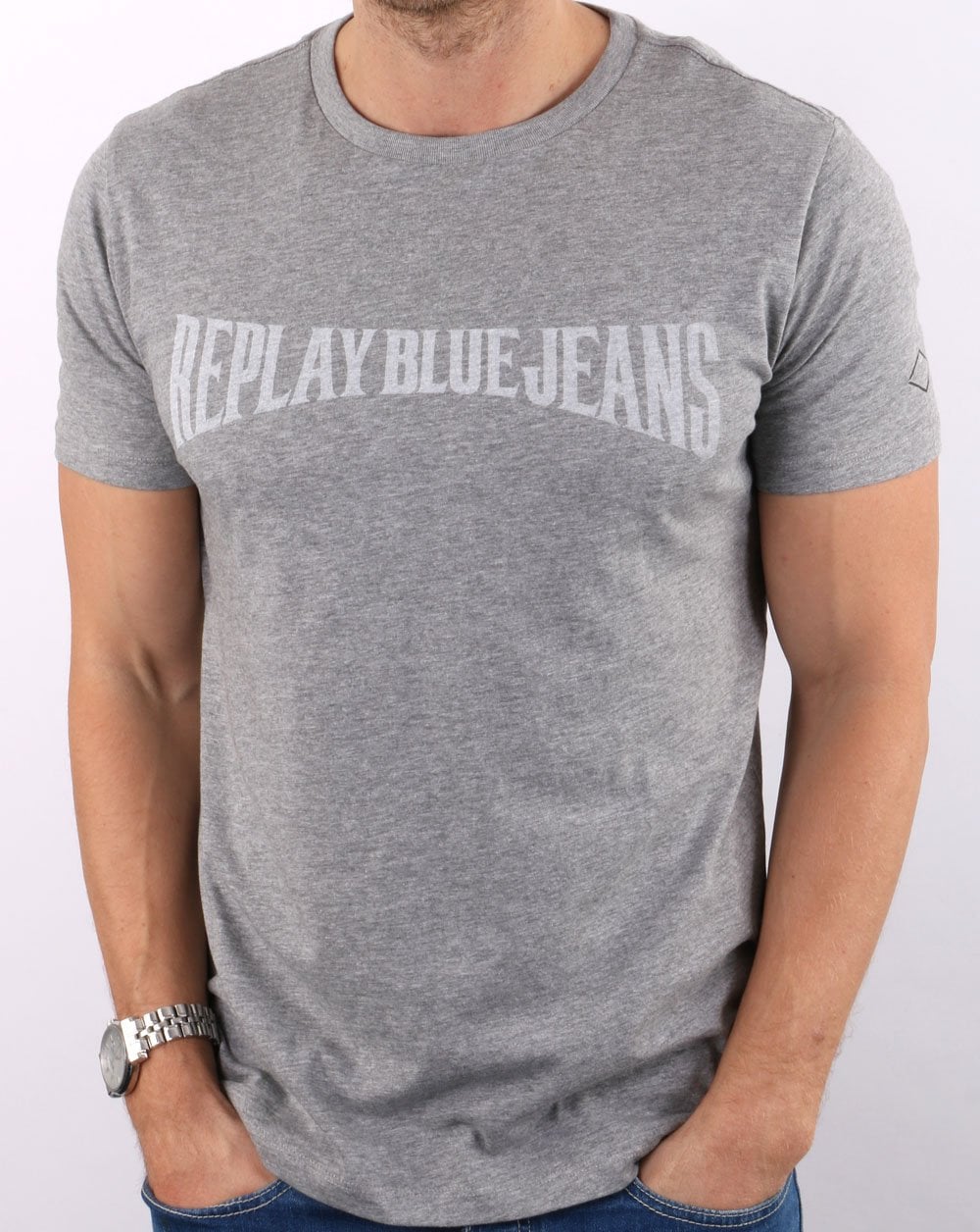 Replay Blue Jeans Logo T-Shirt Grau Melange