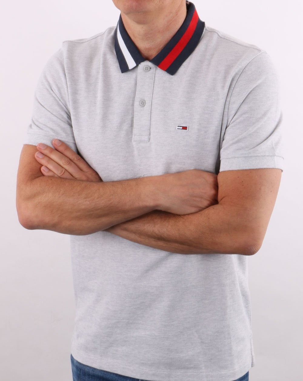 Tommy Jeans Flag Neck Polo Shirt Silver Grey Heather