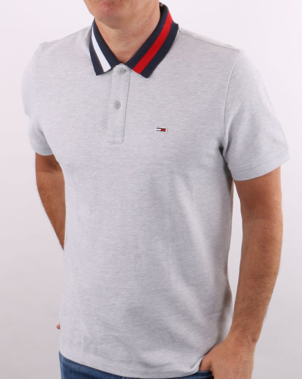 Tommy Jeans Poloshirt mit Flaggenkragen, Silbergrau-Melange