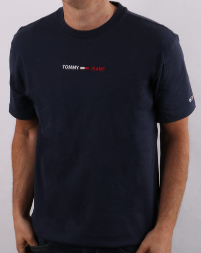 Tommy Jeans – T-Shirt mit linearem Logo in Marineblau