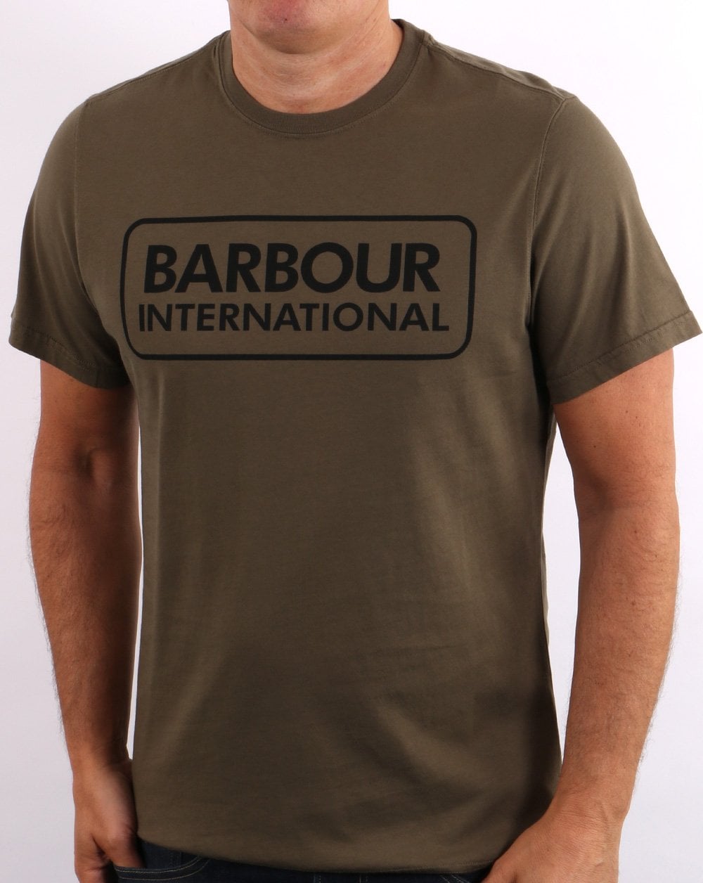 Barbour International – T-Shirt mit Blocklogo in dunklem Khaki