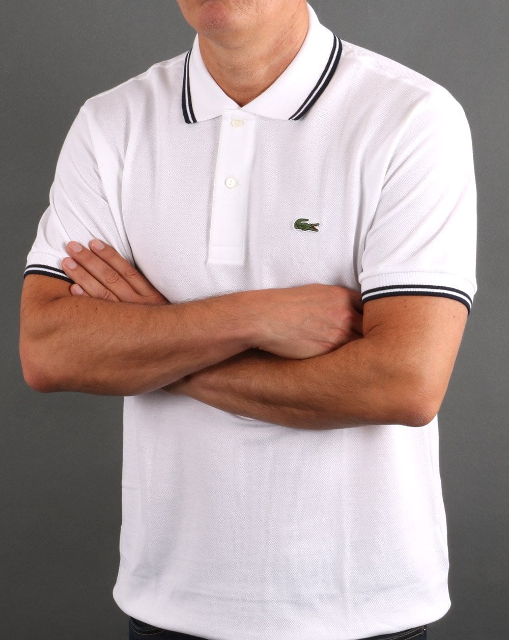 Lacoste Poloshirt mit Streifen Weiß/Marineblau