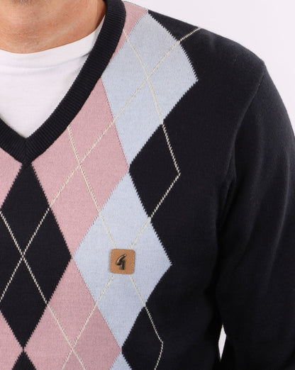 Gabicci Vintage Diamond V-Ausschnitt-Strick in Marine/Himmel/Rosa