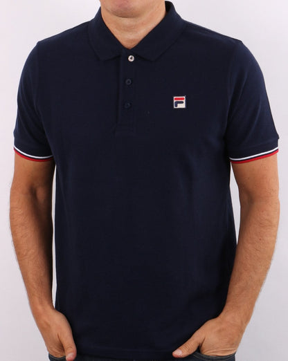 Fila – Vintage-Poloshirt mit Manschetten und Zierstreifen in Marineblau