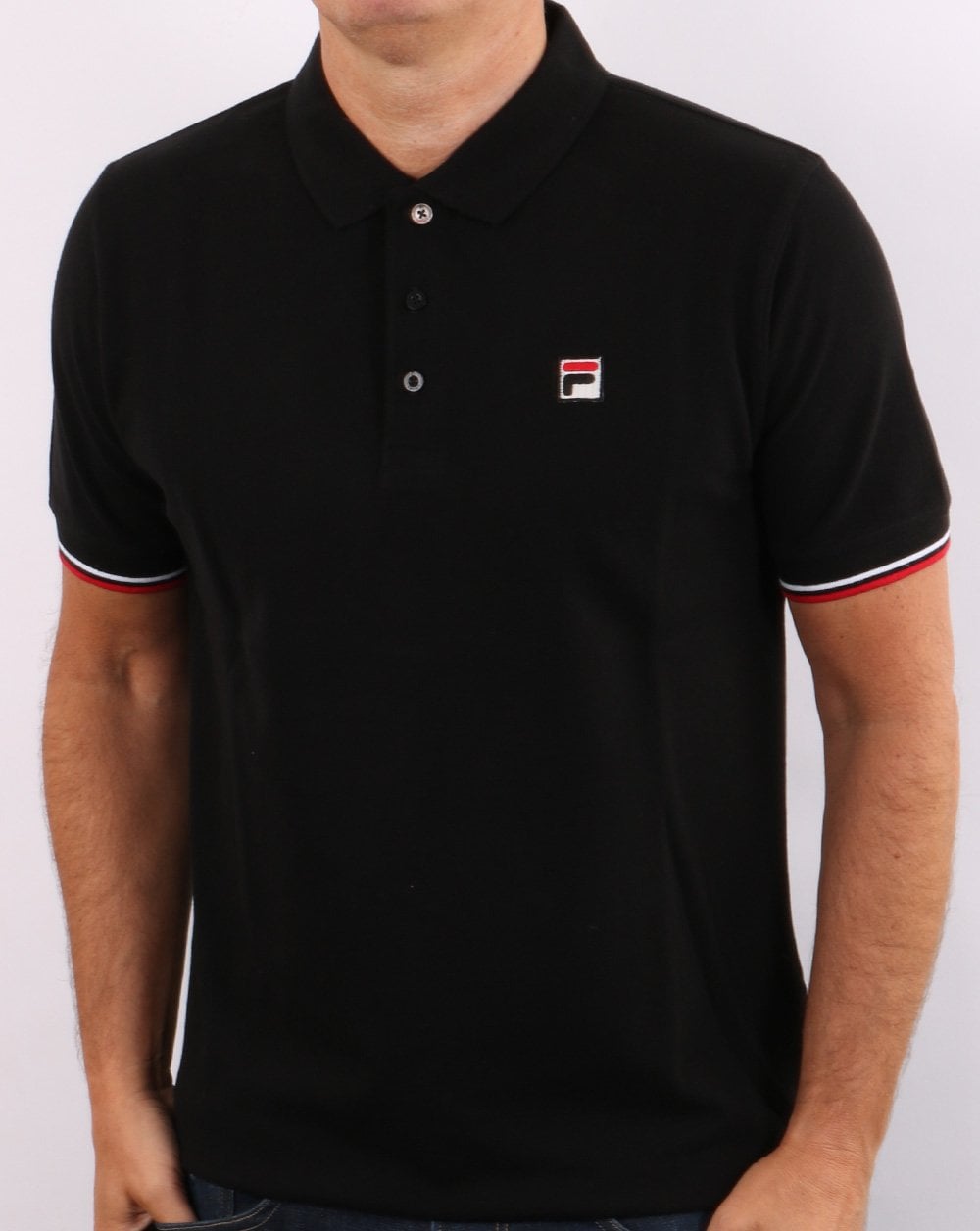 Fila Vintage Poloshirt mit Manschetten und Zierstreifen in Schwarz