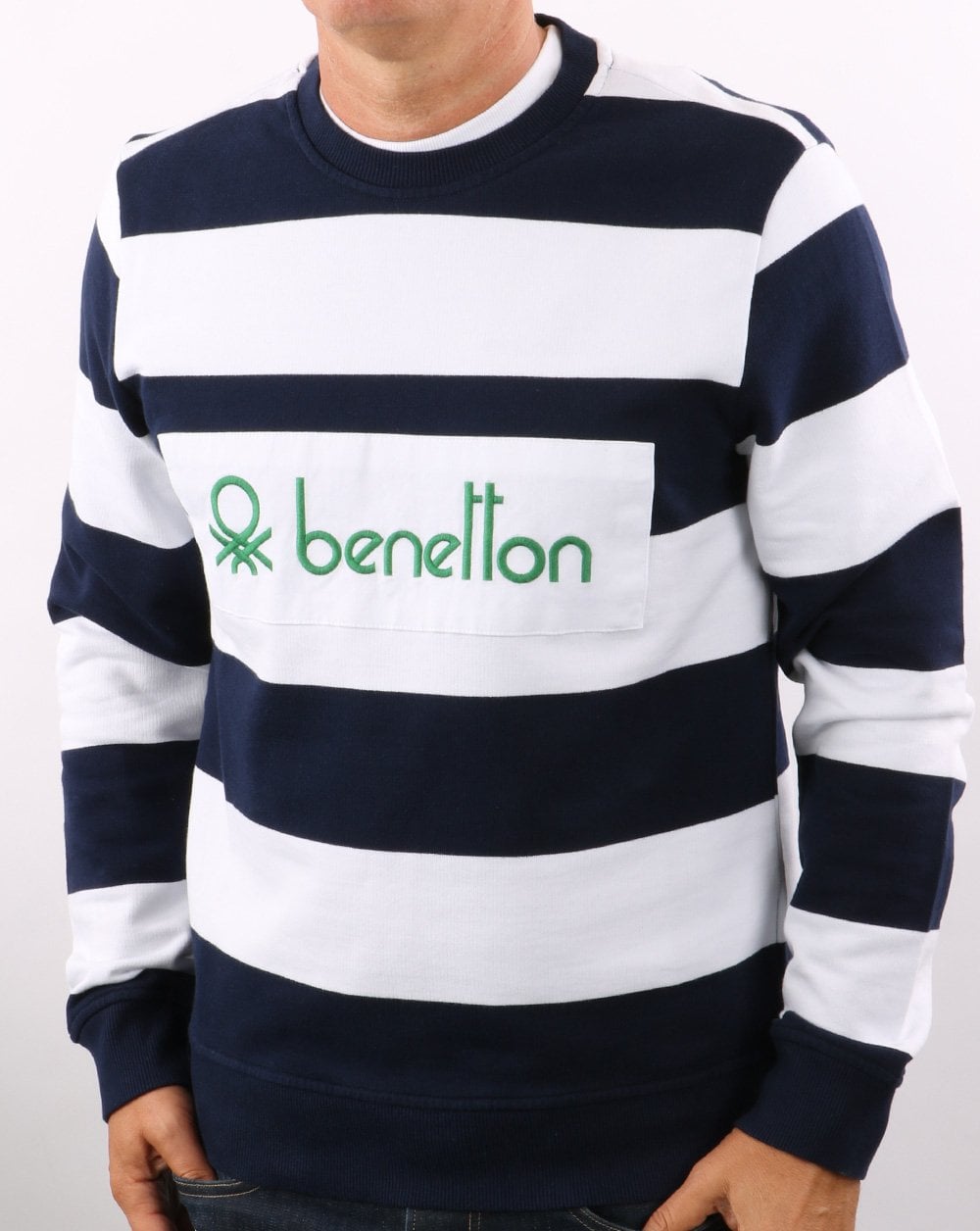 Benetton Gestreiftes Sweatshirt Marineblau/Weiß