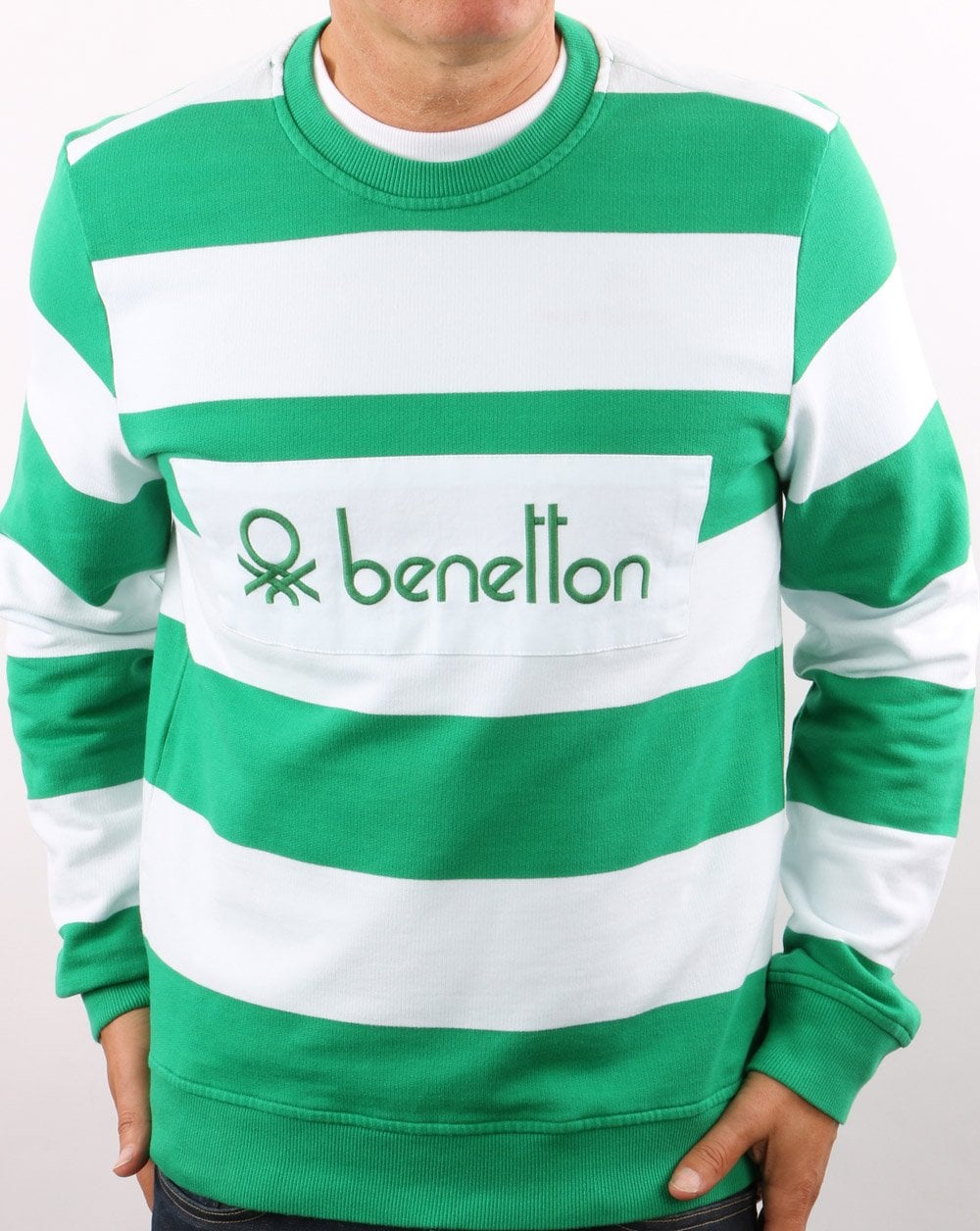Benetton Gestreiftes Sweatshirt Grün/Weiß